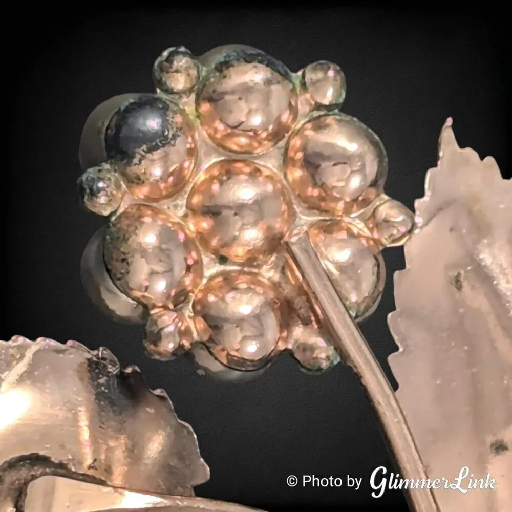 Vintage Rose Gold Tone Floral Spray Brooch Faux Pearl Green Rhinestone 1940s 50s